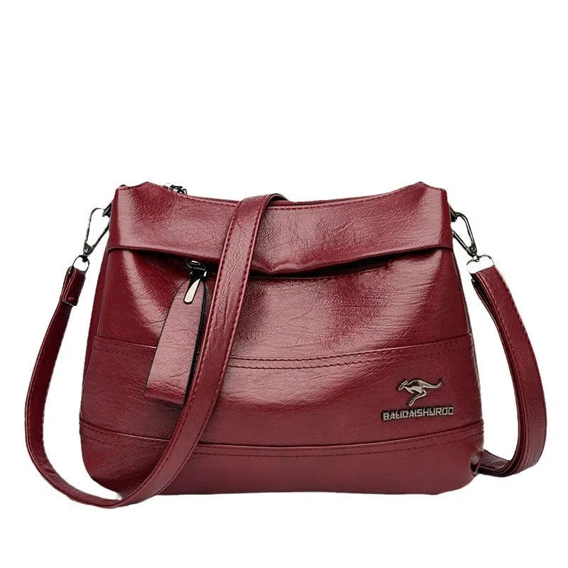 Women's PU leather shoulder messenger bag with double straps, splicing detail, available in multiple colours including yellow and black