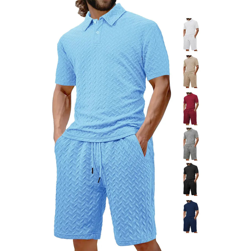 Men's summer lapel short sleeve shirt suit set with trousers in six colours, polyester fibre, sizes S to XXXL