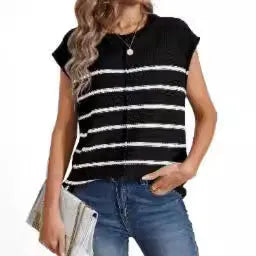 Women's striped sleeveless pullover vest with bone stitching detail in acrylic knit.