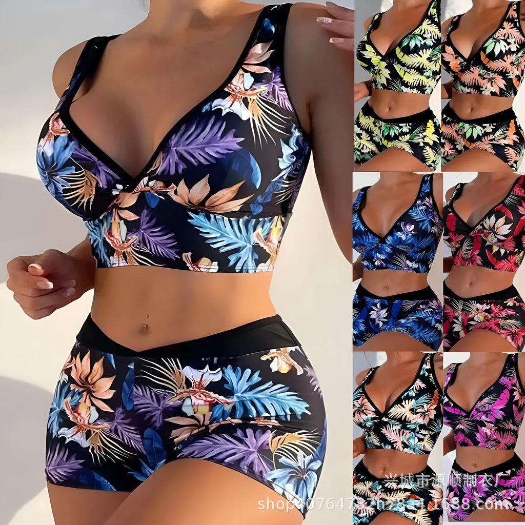 Women's two-piece swimsuit set showing sleeveless top and printed boxer-style briefs in a choice of colours.