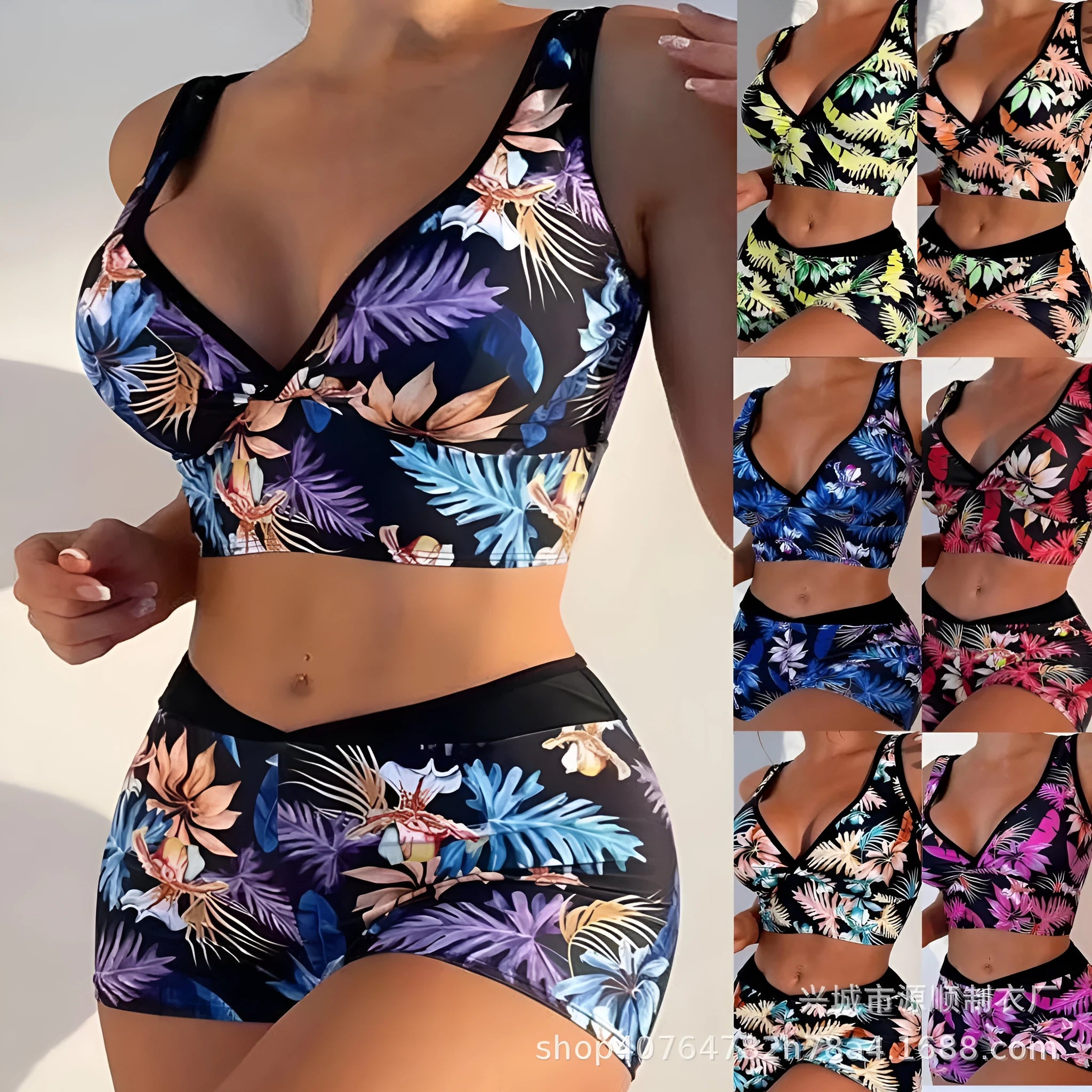 Women's two-piece swimsuit set showing sleeveless top and printed boxer-style briefs in a choice of colours.