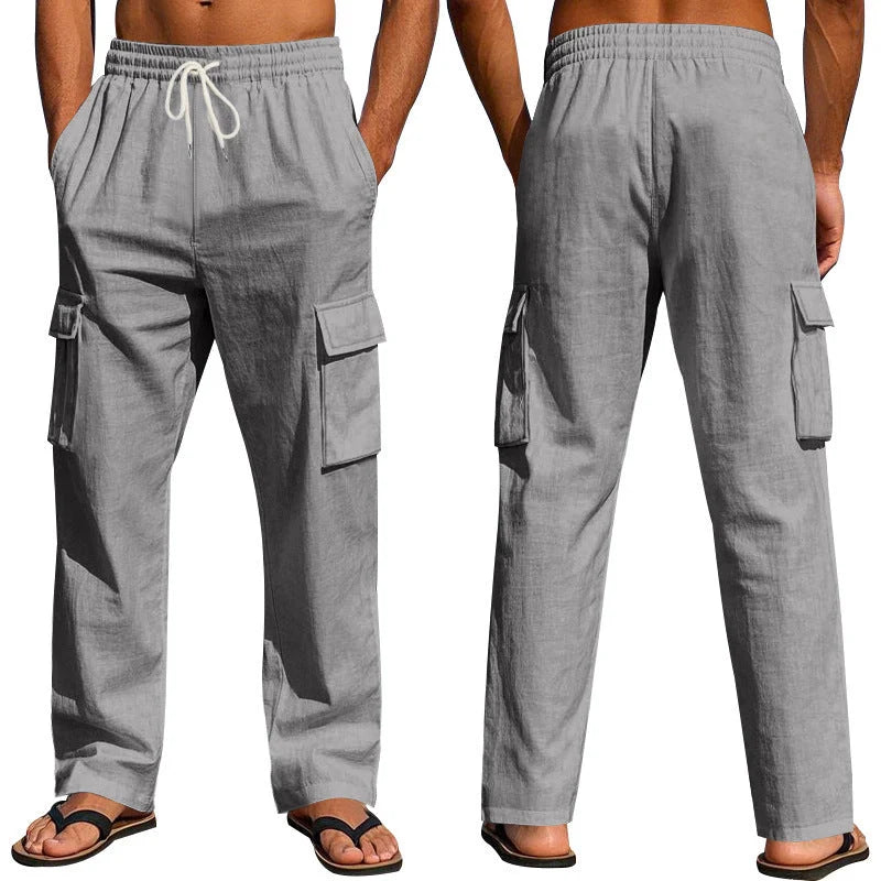 Men's multi-pocket linen pants in various colours