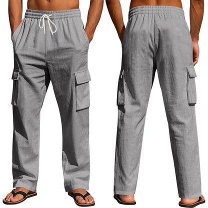 Men's multi-pocket linen pants in various colours