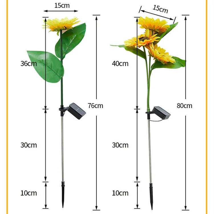 Solar sunflower lawn lamp with three sunflower heads on stainless steel stem in garden
