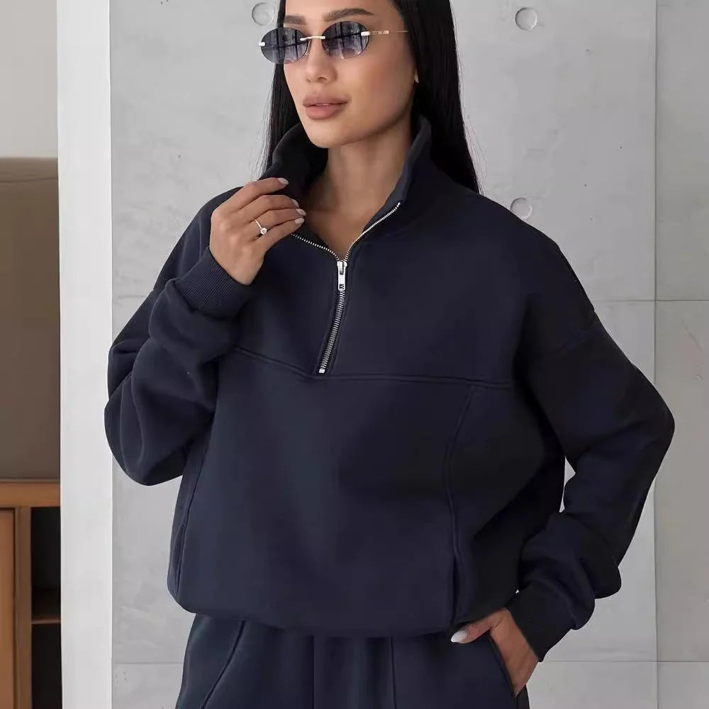 Y2K Winter Jogging Women Two Piece Set in apricot and navy blue, sizes S to XL