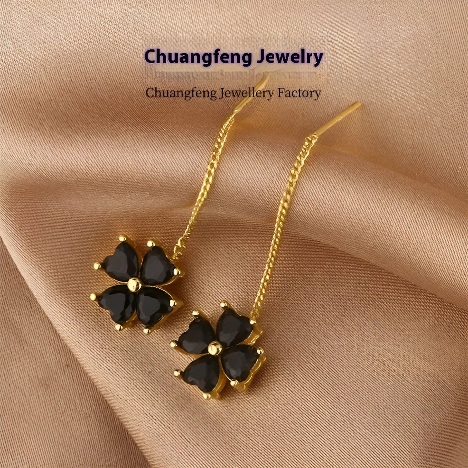 Copper clover leaf hanging earrings for women, A203 style, leaf shape on white background