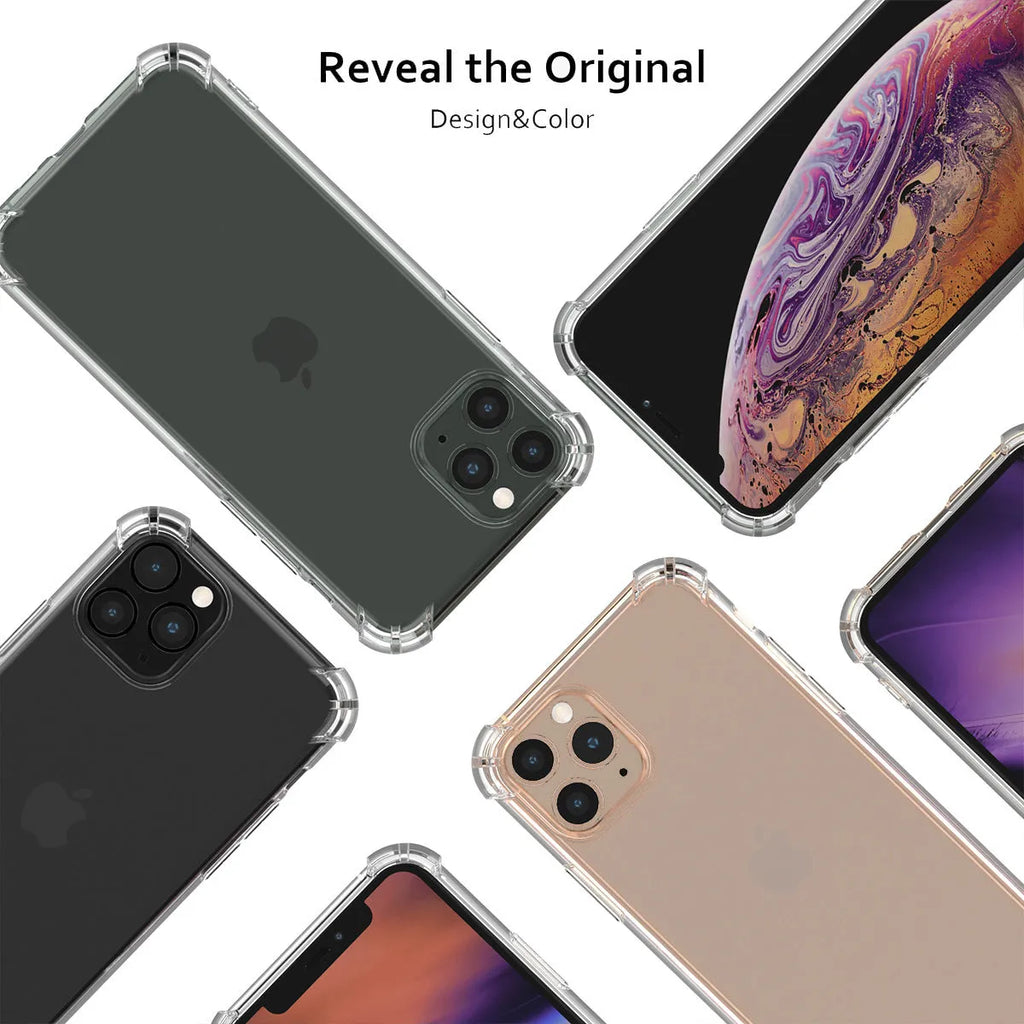 Clear transparent shockproof TPU phone case for Apple iPhone models on a table.