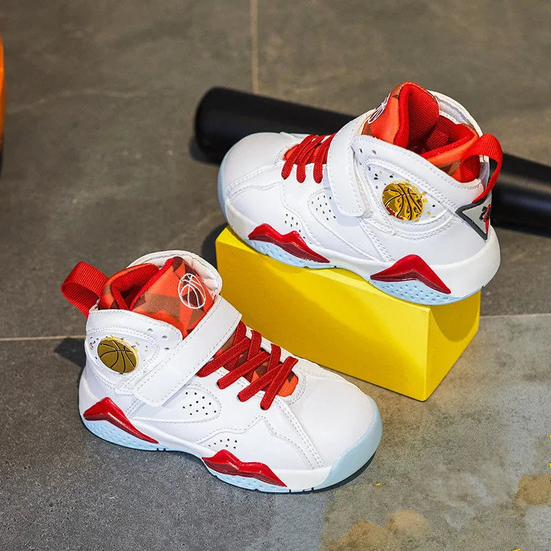 Boys artificial leather running shoes in white and red colourway, sizes 27-37 for elementary school