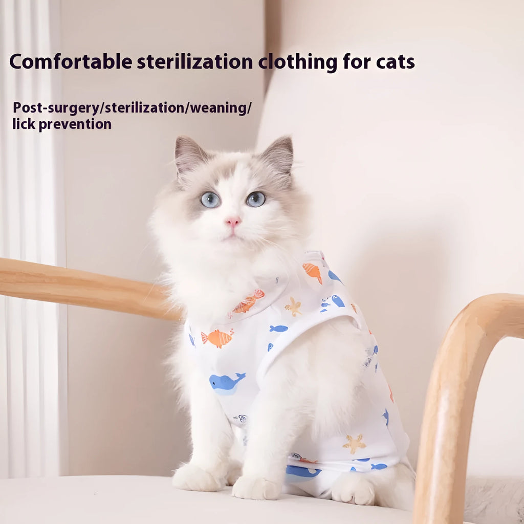 Colourful printed cat sterilisation suit with velcro closures for post-operation recovery.