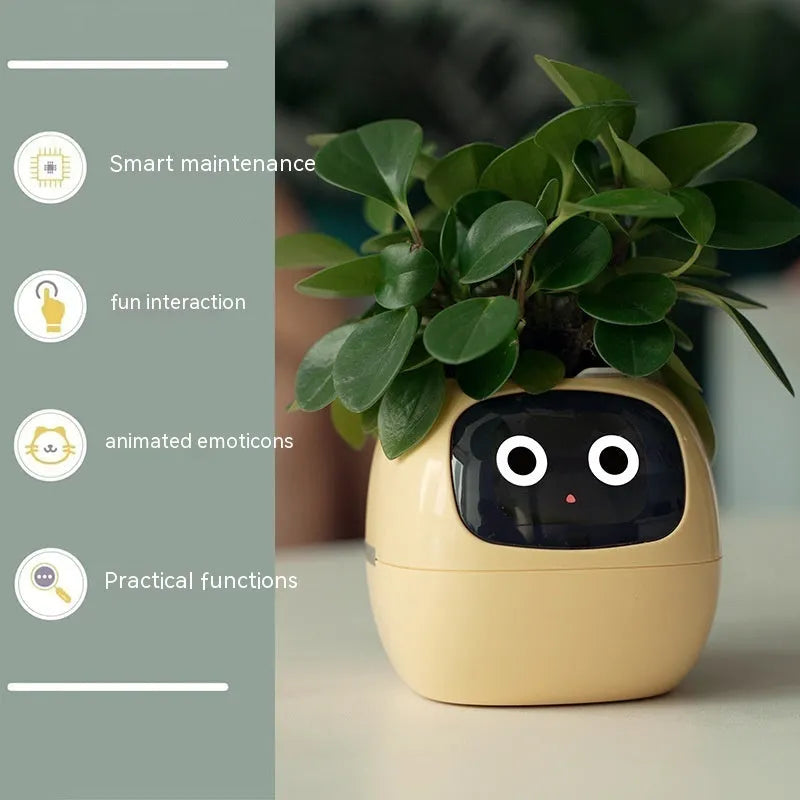 Smart planter in green with 7 sensors and AI chips showing water level on screen, compact 114x100x96mm size