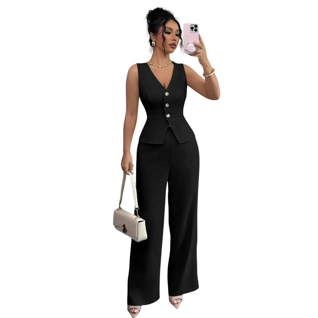 Women's sleeveless slim fit vest and high-waist trousers two-piece set in solid colour.