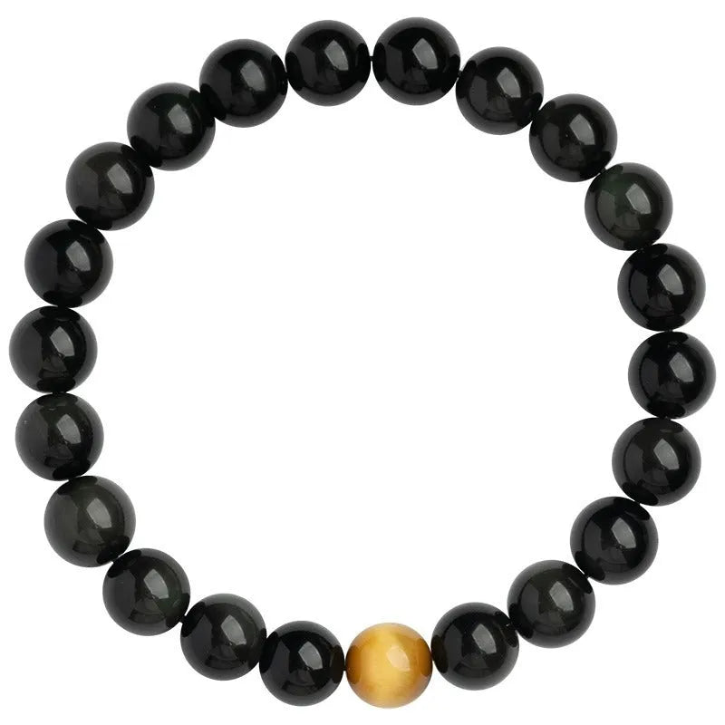 Black obsidian geometric bead bracelet in Korean style, showing 6mm, 8mm and 10mm size options.