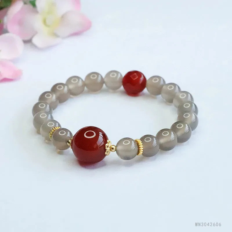 Natural smoky purple chalcedony and red agate bracelet with 8mm geometric beads.