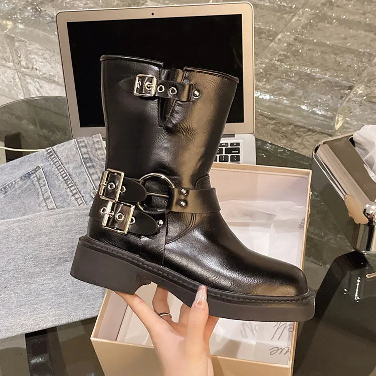 Women's thick-soled Martin boots in black Artificial PU, solid colour, side view