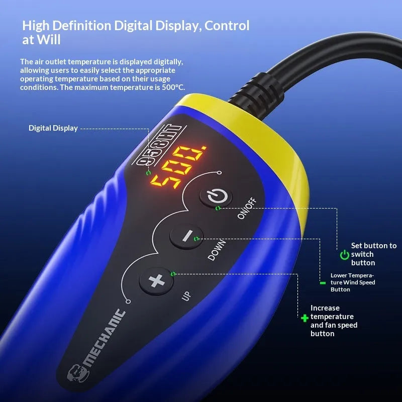 Blue small hand-held temperature-adjustable electric plastic film blower with digital display and six nozzles