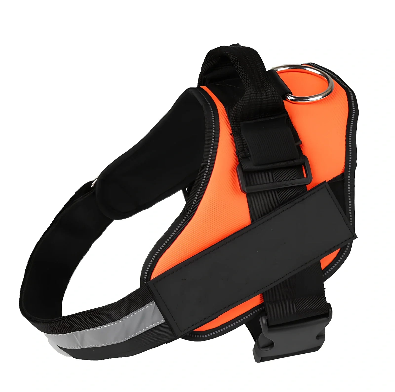 Adjustable reflective dog harness with top handle and metal D-ring for leash attachment