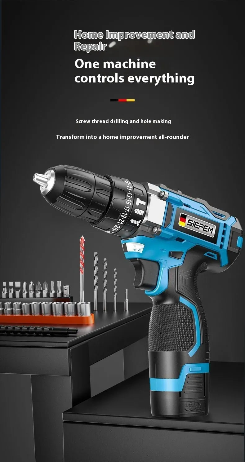 12V pistol grip impact drill and screwdriver set in plastic storage box