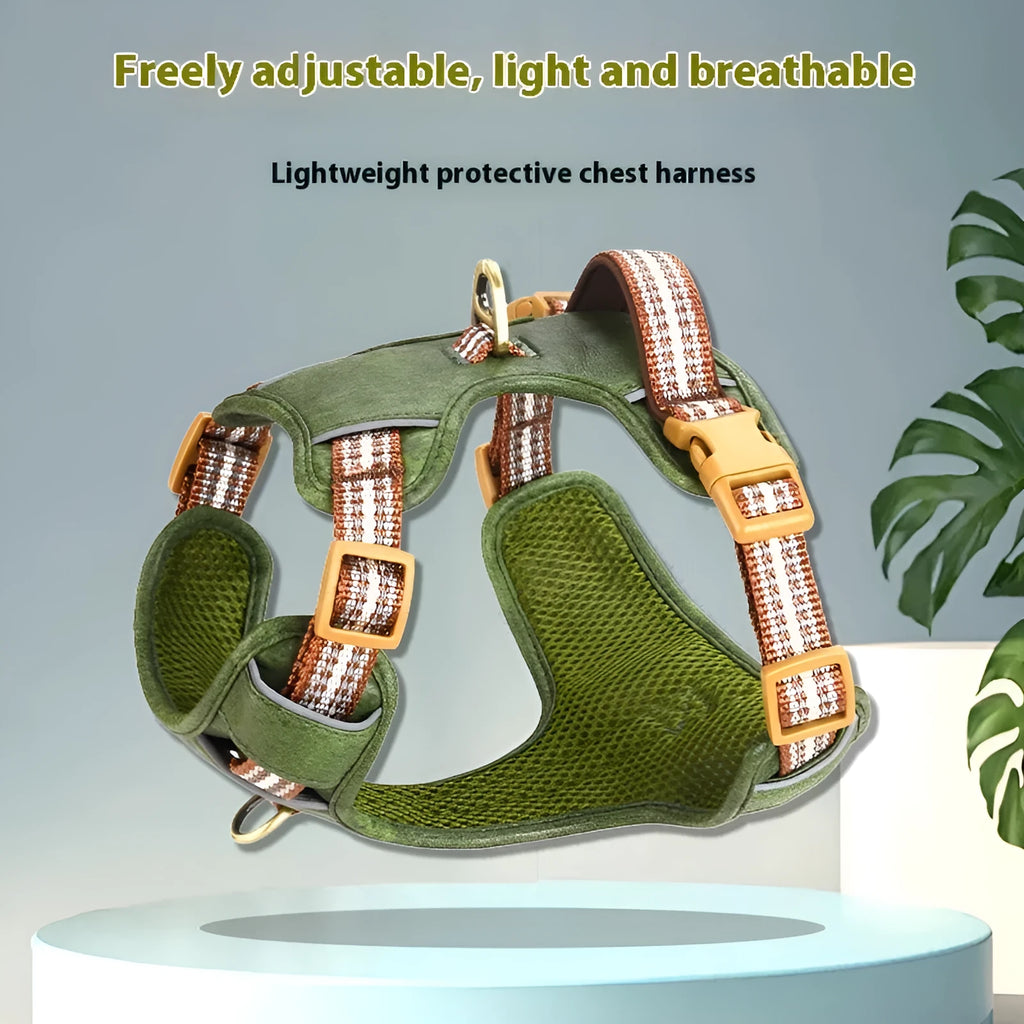 Leather pet harness with reflective elements in chest harness design
