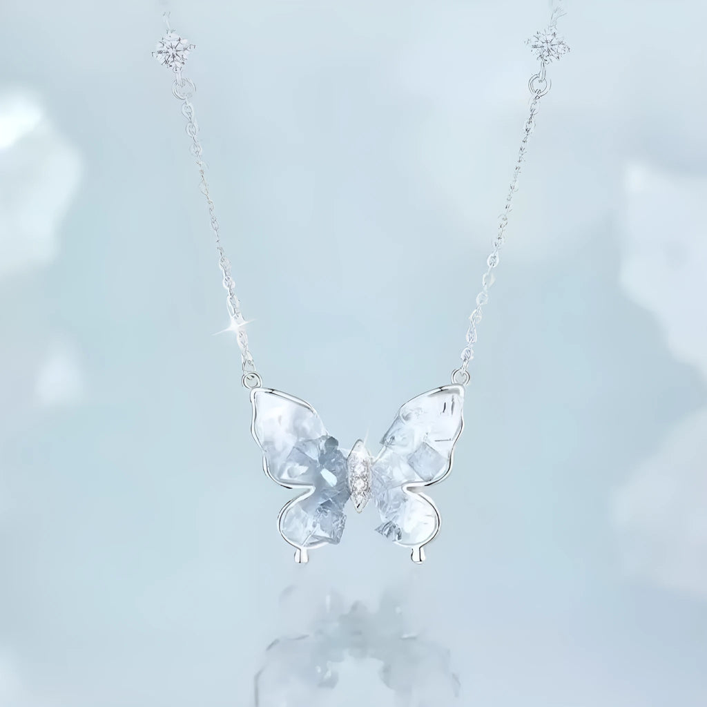 Bingyu butterfly pendant necklace in S925 silver on adjustable O-ring chain 41-50cm