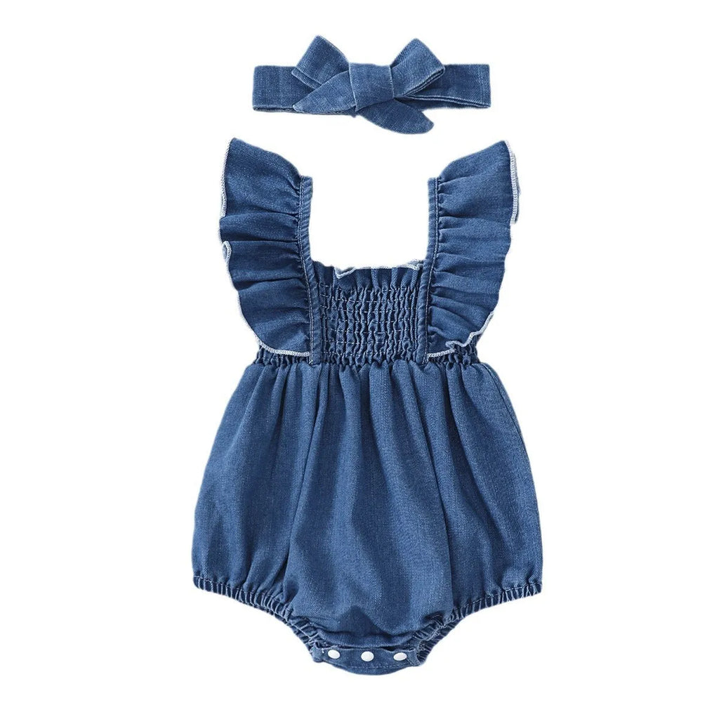 Blue denim ruffled romper with matching headscarf two-piece set for baby summer wear cotton fabric