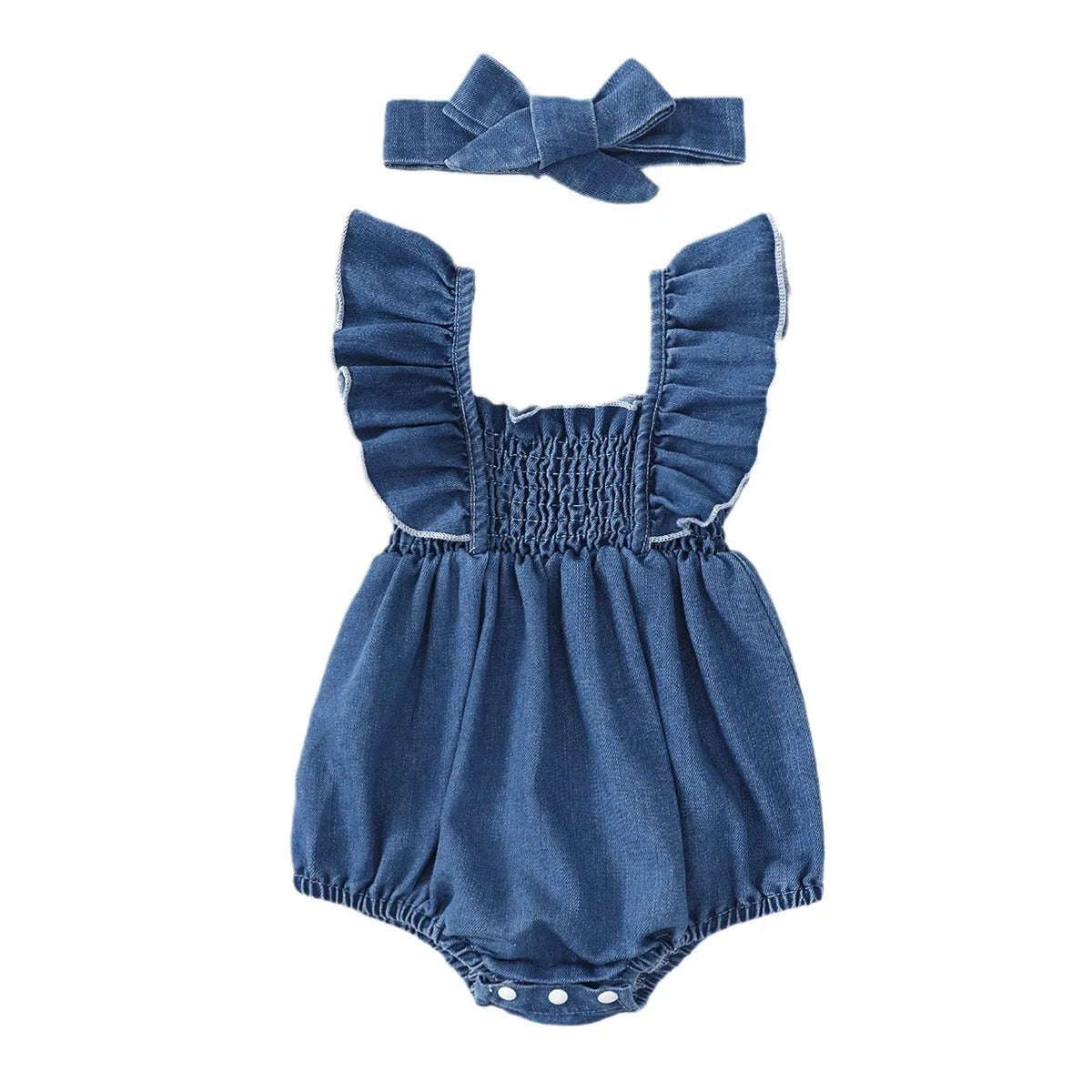Blue denim ruffled romper with matching headscarf two-piece set for baby summer wear cotton fabric