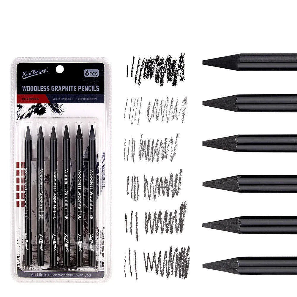 Set of six wood-free graphite art pencils with different grade markings: HB, 2B, 4B, 6B, 8B, and EE.