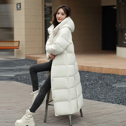 Women's super long winter puffer coat in black, dark red, white, and khaki with hood