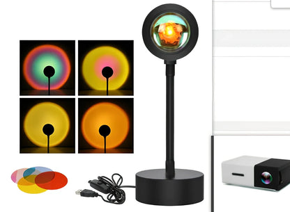 Adjustable sunset projection lamp with iron shell, 80x100x270mm, projecting 4 light modes on wall via USB 5V power