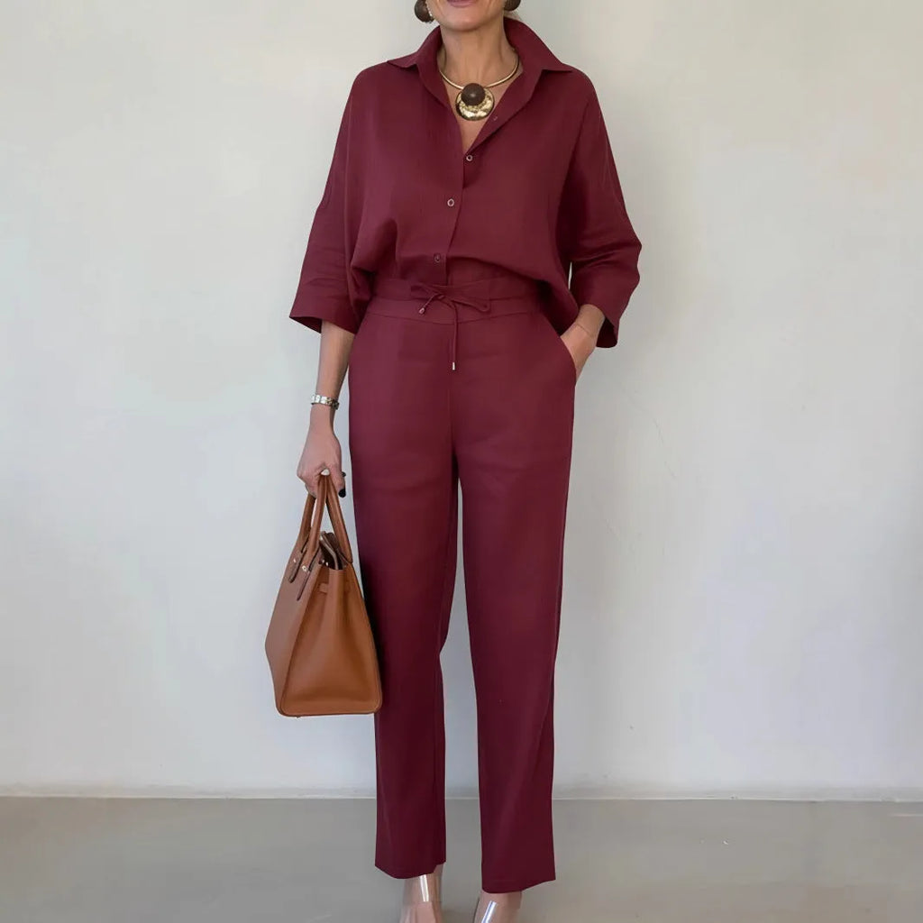 Women's solid colour polo collar two-piece shirt and pants set in army green, nine-quarter sleeves, stitching detail