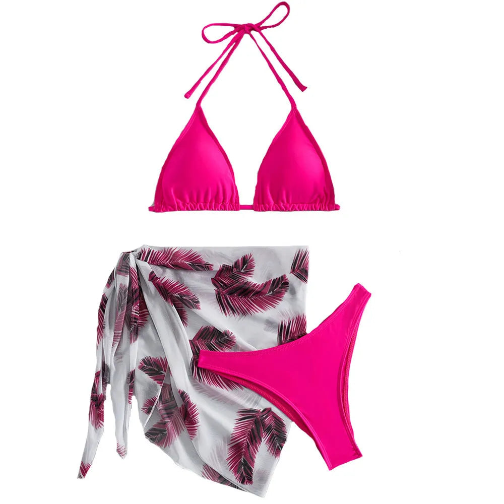 Women's three-piece bikini swimsuit set with solid colour swimwear and printed gauze skirt