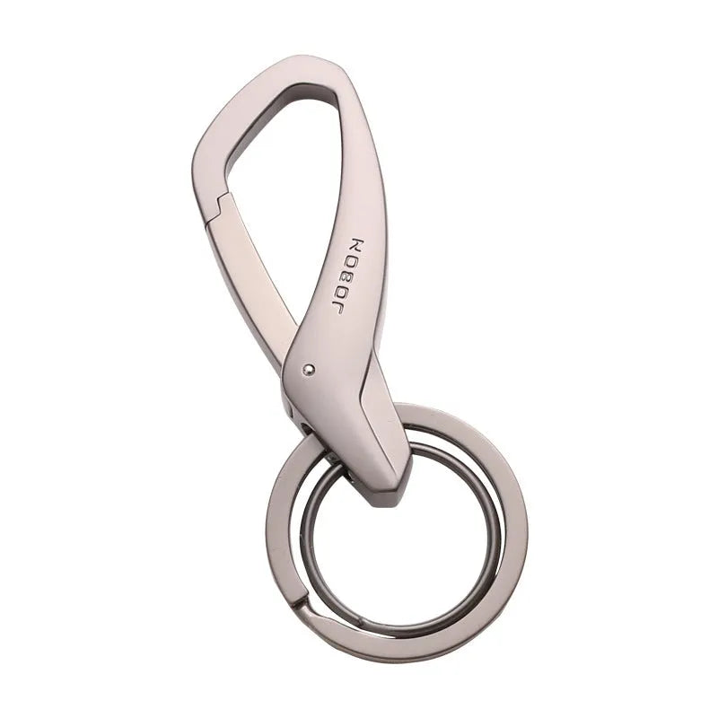 Zinc alloy double ring keychain for car keys in Black, Chrome, or Nickel colour, shown at 8.3x3.5cm size.