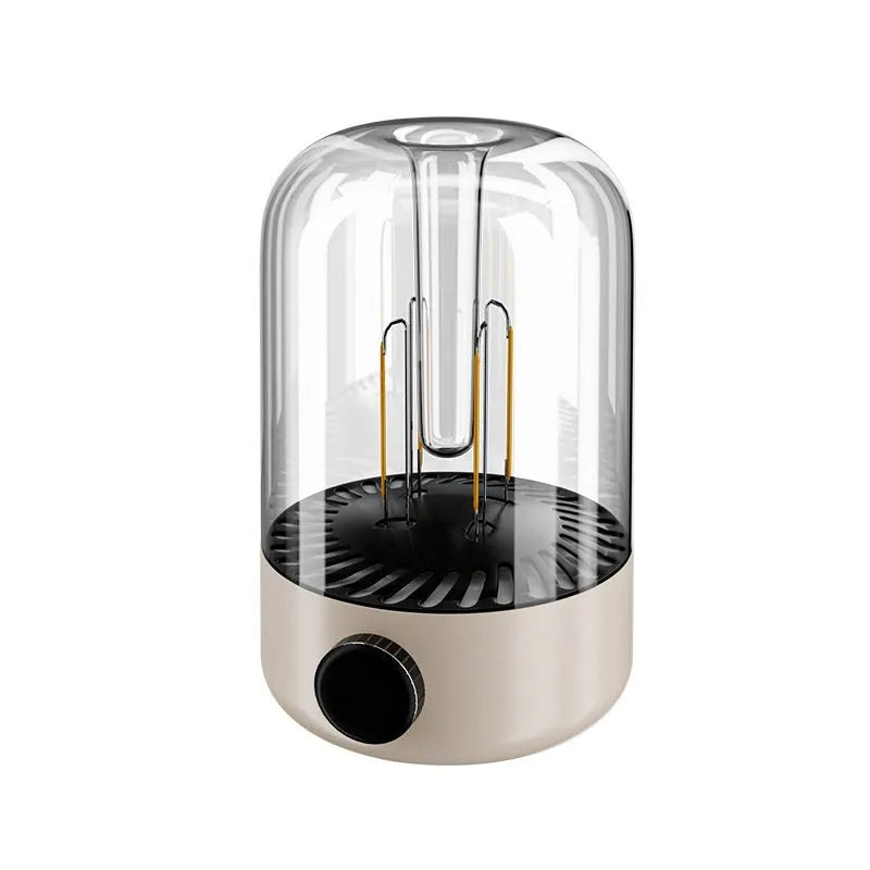 Beige and black camping LED light with USB output port and brightness control knob