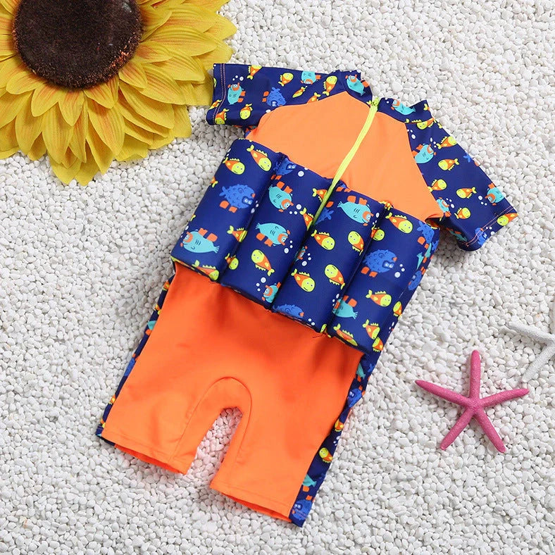 Red children's buoyancy swimsuit with dinosaur cartoon pattern for toddlers aged 1-7 years