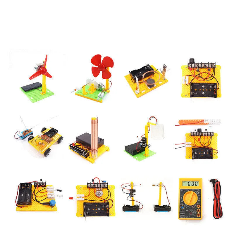 DIY electronic science experiment set with solar fan, hand generator, motor, and doorbell plastic components for kids aged 7-14