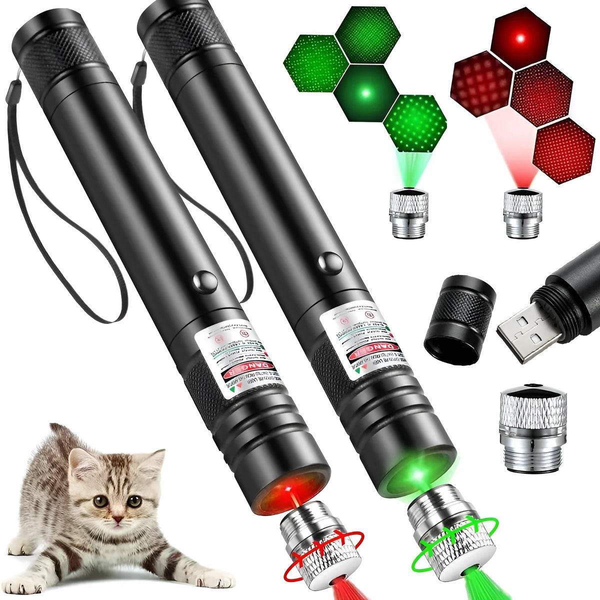 USB-charging cat laser pointer black aluminium alloy with green light and starry-sky rotating head
