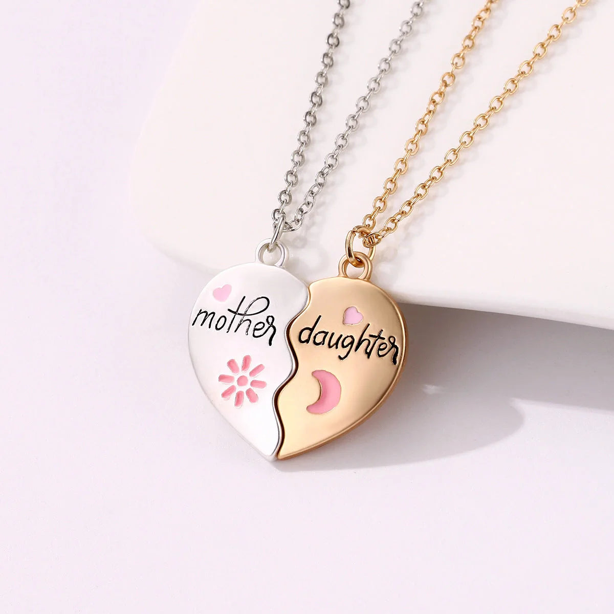Mother daughter matching heart necklace set with gold plating and magnetic clasp