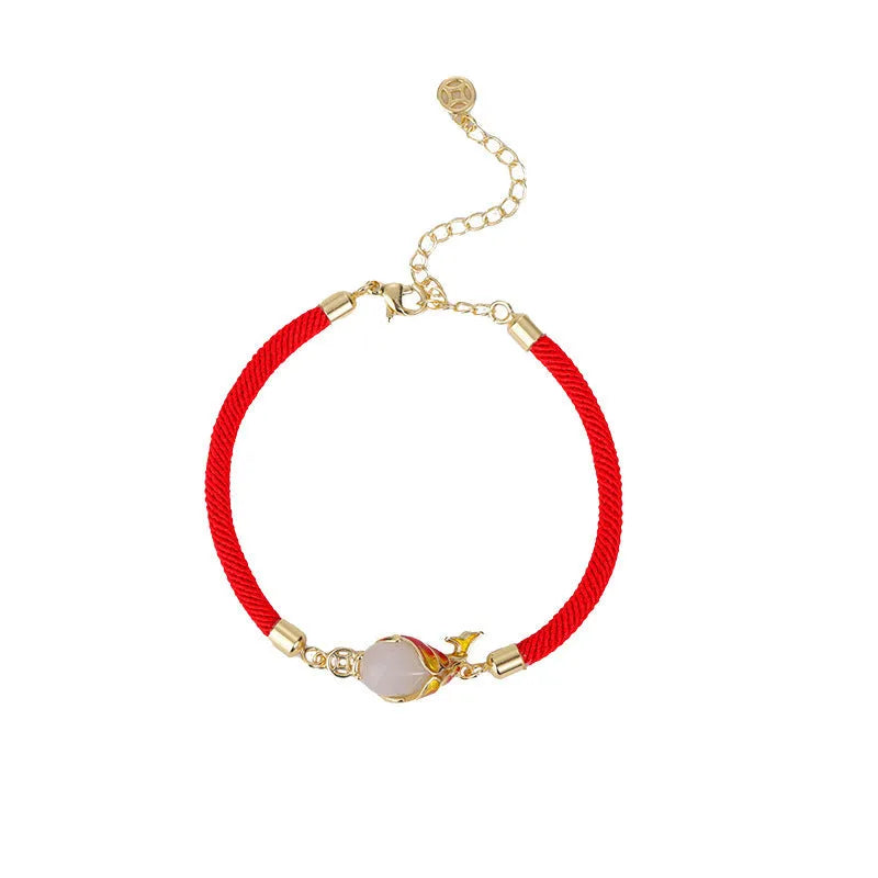 Women's lucky koi red rope bracelet and matching copper necklace set in retro style.