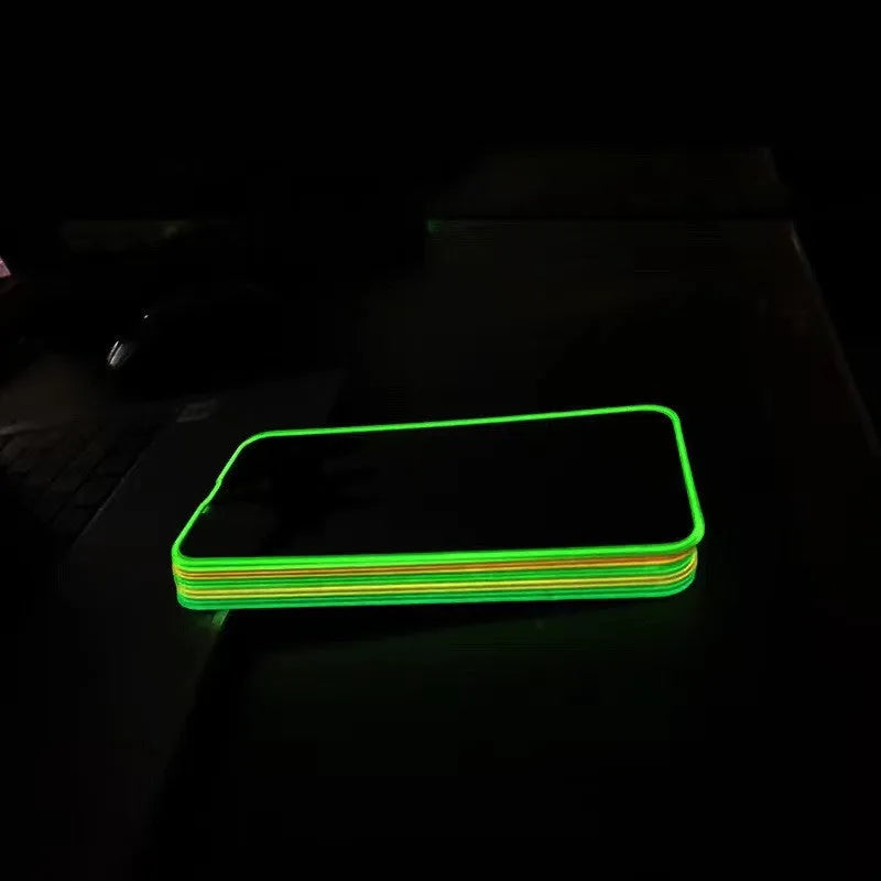 Fluorescent luminous tempered glass screen protector for iPhone in pink, yellow, green, blue, and grass green colours.
