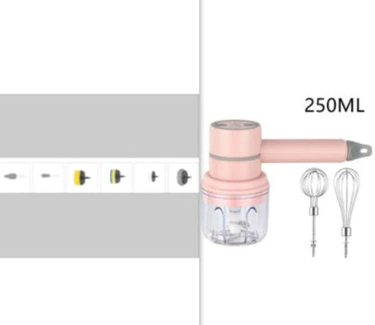 Cordless electric hand mixer with whisk and egg beater attachments, available in various colors