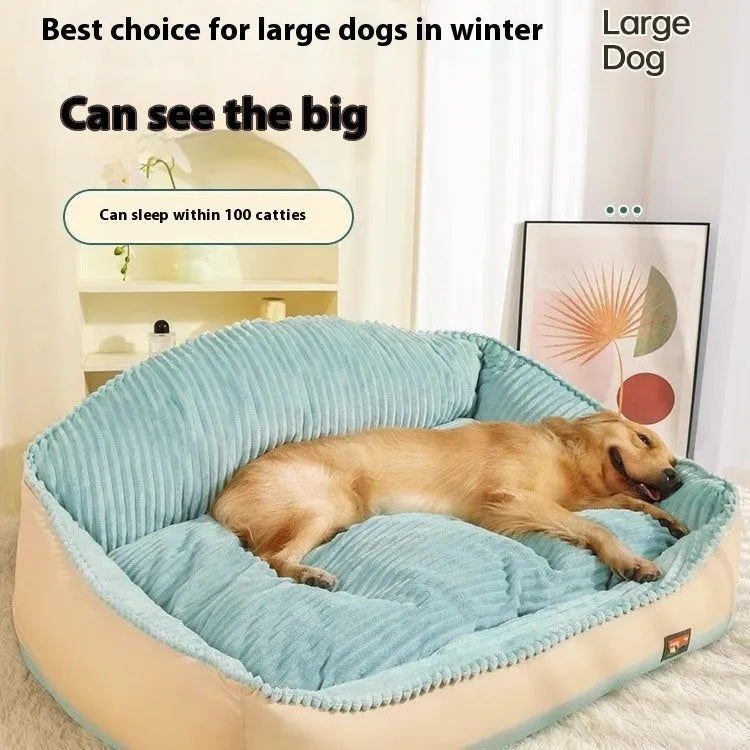 Morandi colour removable washable pet bed for dogs and cats on a sofa, shown in Medium and Large sizes.