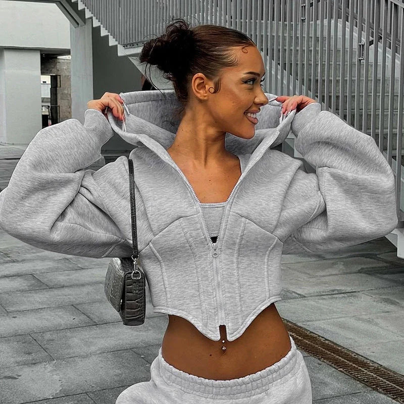 Y2K inspired women's zipper hoodie cardigan in grey and white with long sleeves