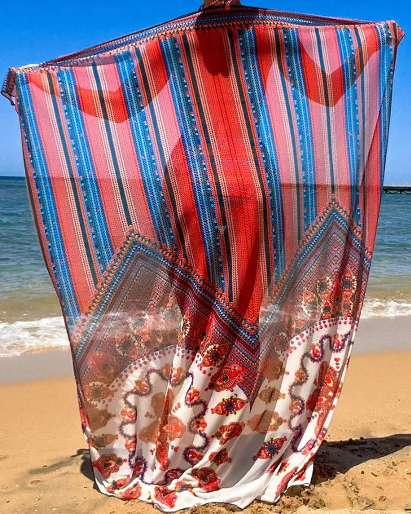 Women's three-piece swimsuit set showing a cutout blouse, high-waist briefs, and a matching coat.