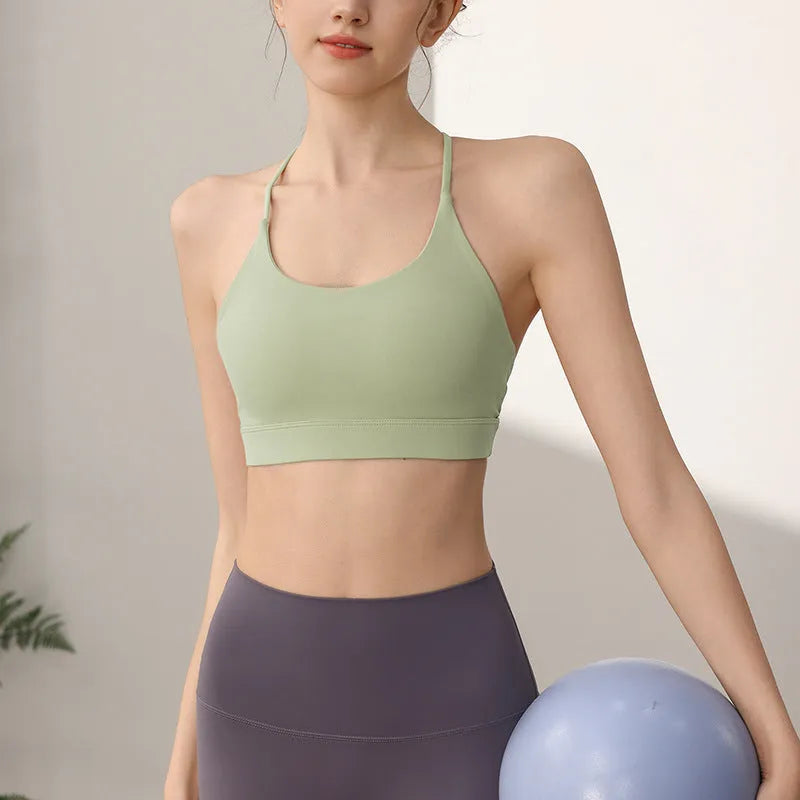 Women's nylon sports vest with fixed double-shoulder straps in green tea green colour