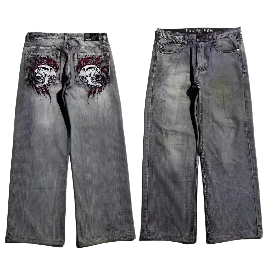Men's grey washed-out jeans with American retro styling and wide-leg workwear design