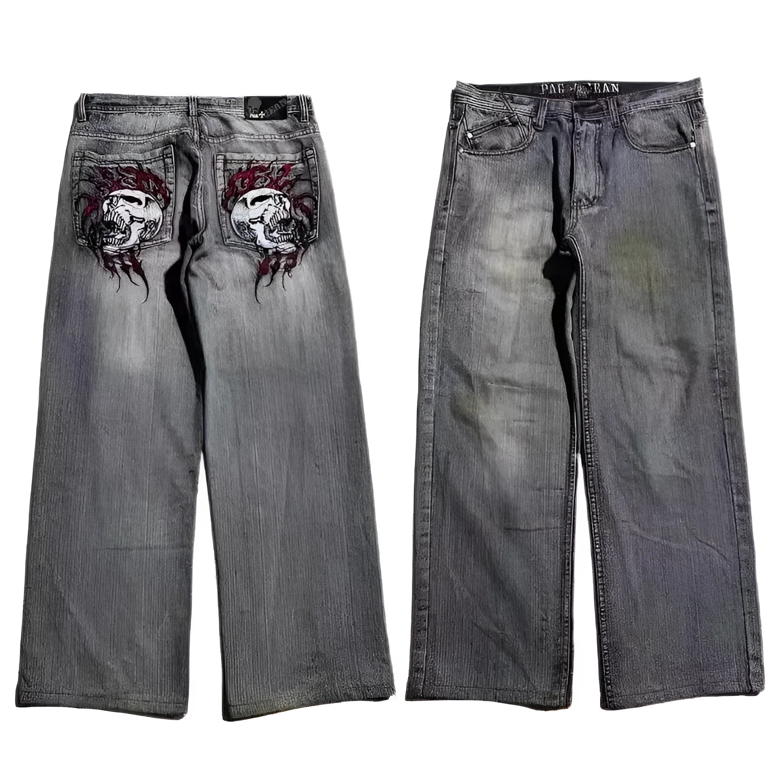 Men's grey washed-out jeans with American retro styling and wide-leg workwear design