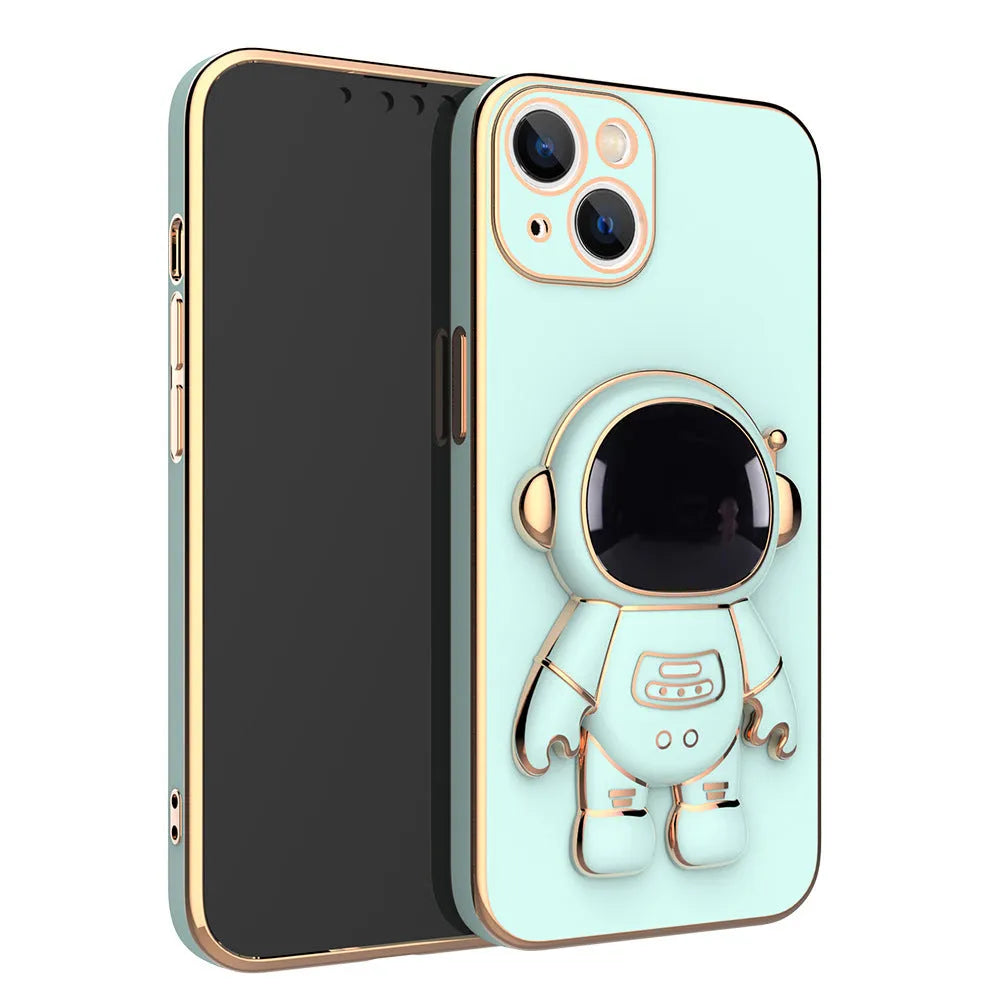 3D astronaut TPU phone case with electroplating bracket in light cyan for iPhone