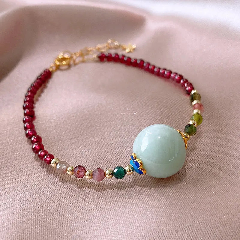 Aquamarine Chinese style women's bracelet with garnet beads and electroplated finish