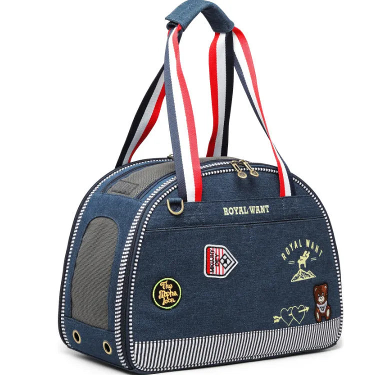 Blue Japanese-style denim pet travel bag with cartoon pattern and dimensions 43x20x30cm