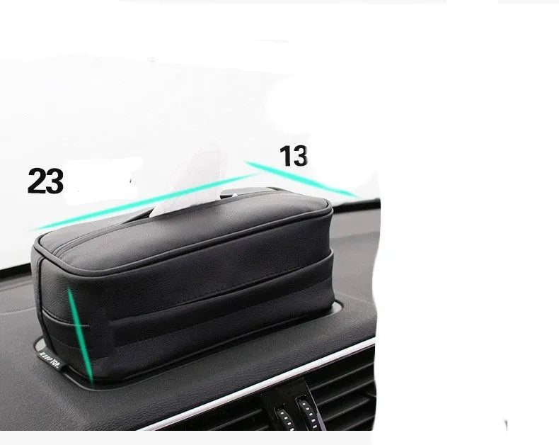 Black PU leather hanging storage box with paper bag design, shown suspended.