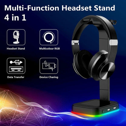 Sleek RGB headphone stand with power strip and charging ports for organized and customizable gaming setup